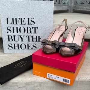 kate spade metallic rose slingback peep-toe heels with bow